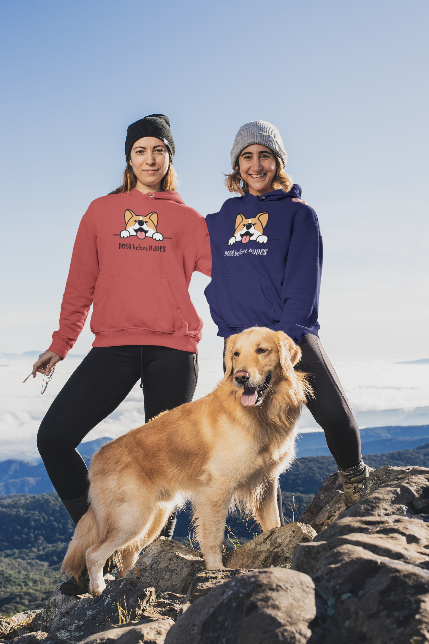 
                  
                    two friends with dog wearing floof cotton hoodie for dog lovers
                  
                