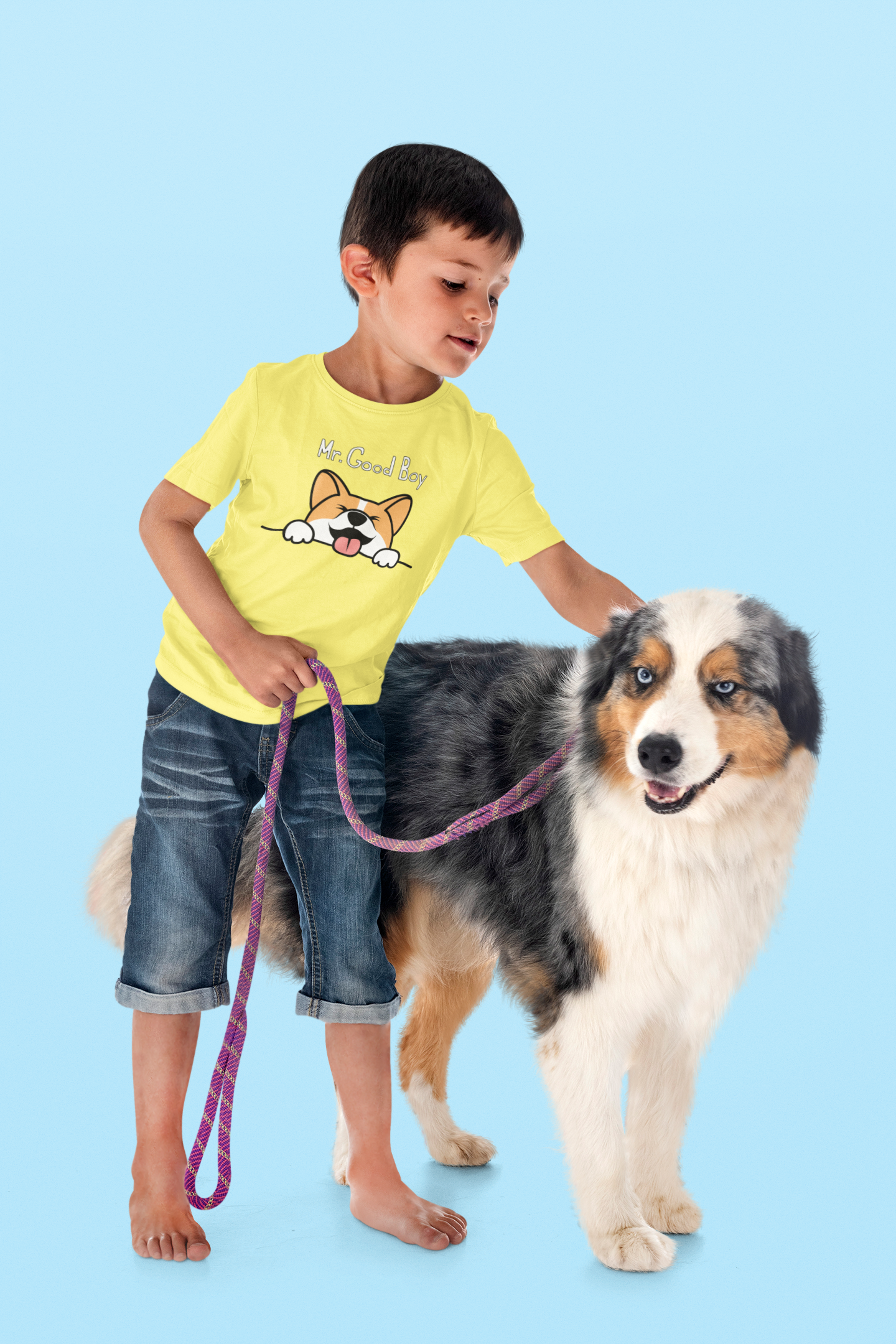 boy with dog wearing good boy tshirt