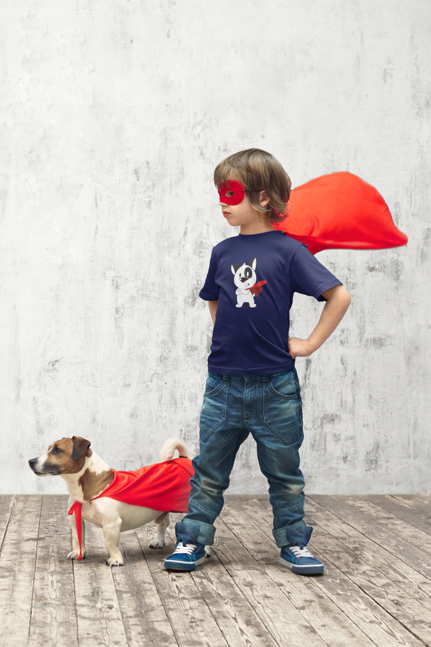 boy wearing superdog tshirt with dog floof